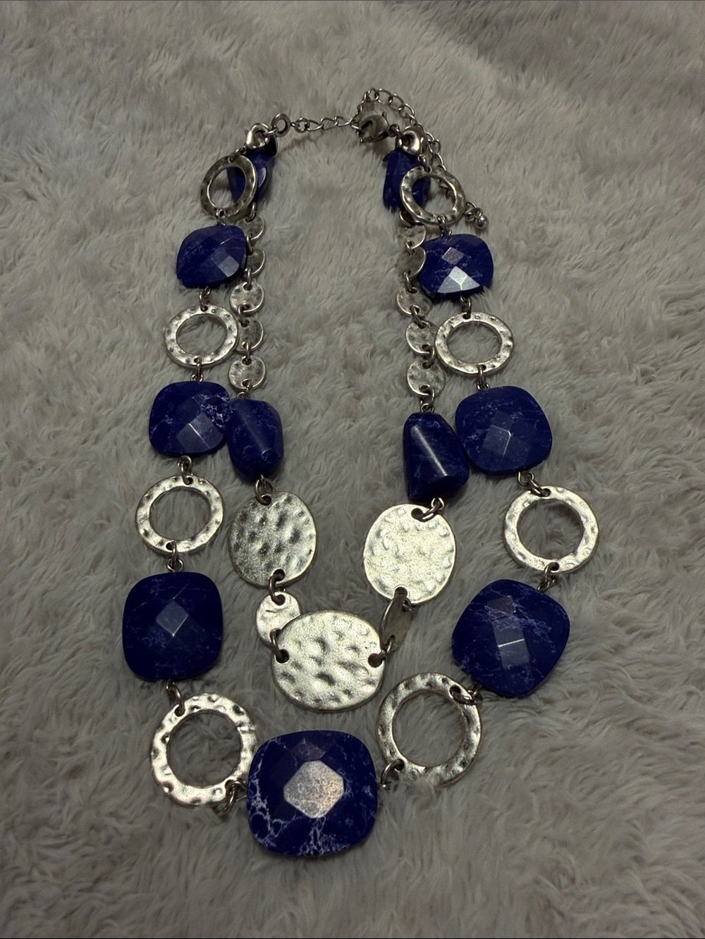 Statement Blue Stone and Hammered Silver-Link Necklace